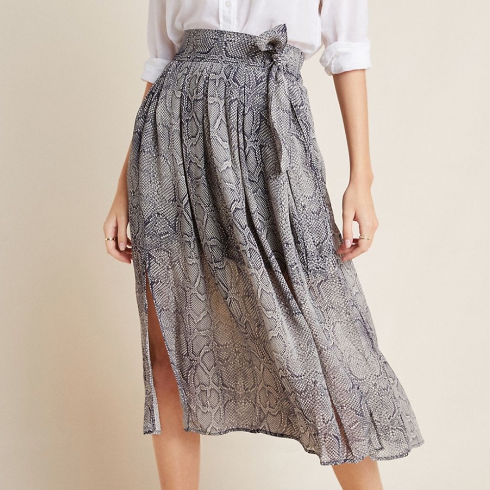 Maeve Annette Snake Pleated Tie Slit Midi Skirt